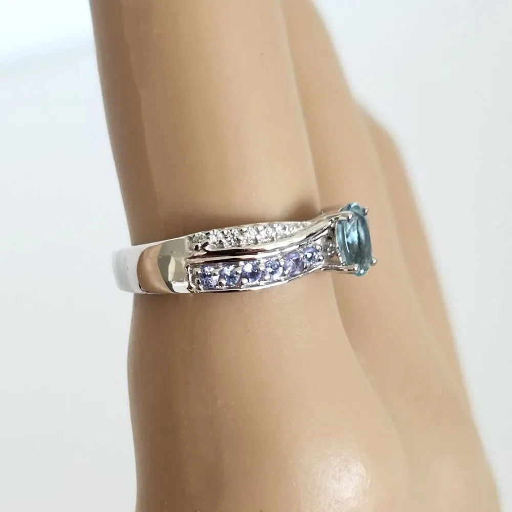 Aquamarine Espirito Santo and Tanzanite and White Zircon Ring 5